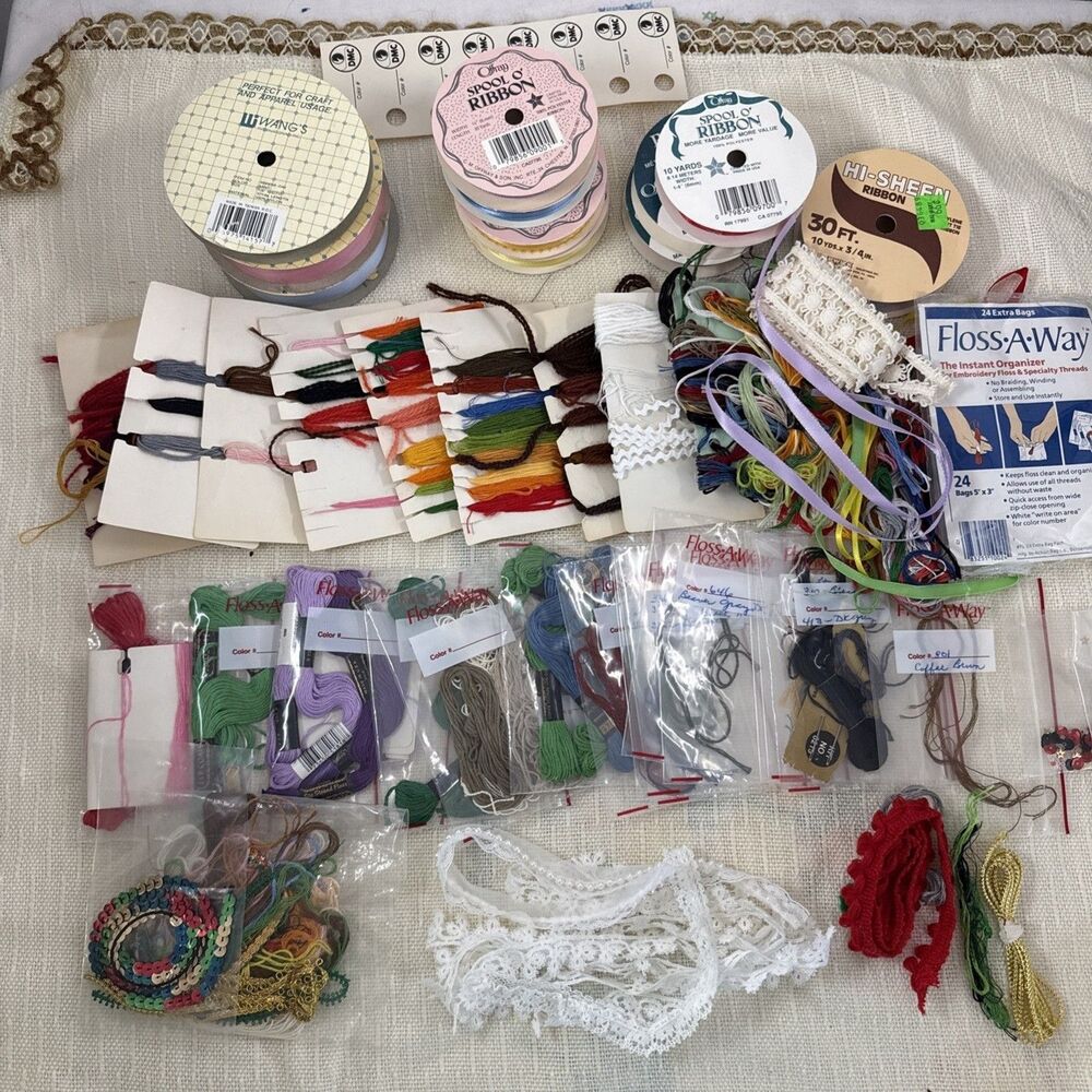 Slow Stitching Lot Fabric Scraps Embroidery Floss Trim Ribbon Sewing